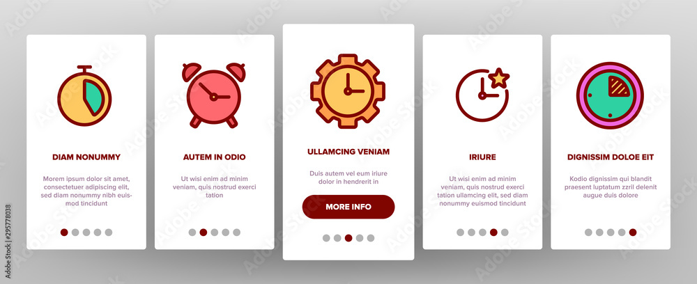 Poster different time clock onboarding mobile app page screen vector icons set thin line. hourglass and wat