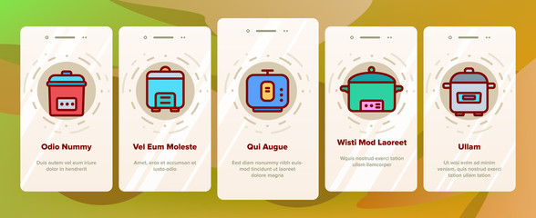 Slow Cooker Onboarding Mobile App Page Screen Vector Icons Set Thin Line. Different Cooker Kitchenware Concept Linear Pictograms. Modern Cooking Food Equipment And Gadgets Contour Illustrations