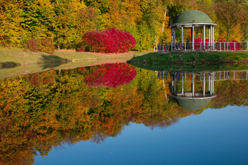 Evening in the autumn city park. Trees are reflected in the pond.