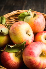 Freshly harvested ripe apple on the rustic wooden background. Selective focus. Shallow depth of field.