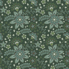 Flourish tiled pattern. Floral oriental ethnic background. Arabic ornament with fantastic flowers and leaves. Wonderland motives of the paintings of ancient Indian fabric patterns.