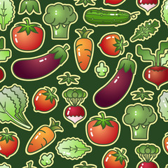 Various colorful vegetables isolated on green background. Seamless pattern. Vector.