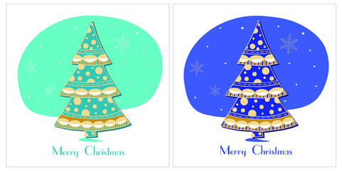 Greeting card: Christmas tree with balls on turquoise and blue background. Vector