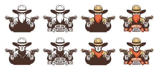 Cowboy bandit from the wild west with guns in his hands. Robber in a cowboy hat with pistols and bandana mask on his face. Isolated vector illustration.