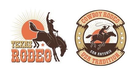 Rodeo retro logo with cowboy horse rider silhouette. Wild west vintage rodeo badge. Vector illustration. - obrazy, fototapety, plakaty