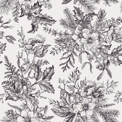 Christmas seamless pattern with winter plants.