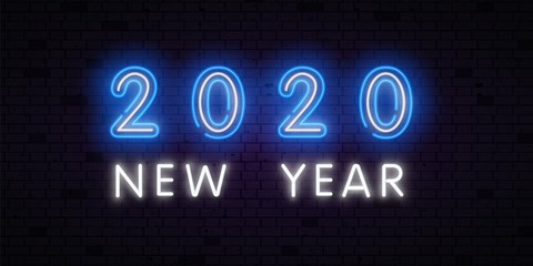 Fototapeta na wymiar 2020 Neon Text. 2020 New Year Design template. Colorful Light Banner. Vector Illustration. New 2020 Year sign in colorful neon design on brick wall background.