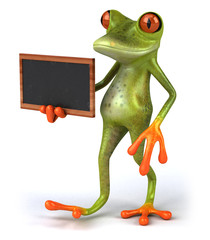 Fototapeta premium Fun 3D green tropical frog with a chalkboard