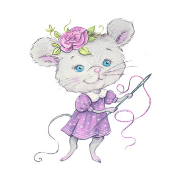 Watercolor Cute cartoon mouse with a needle and thread for sewing