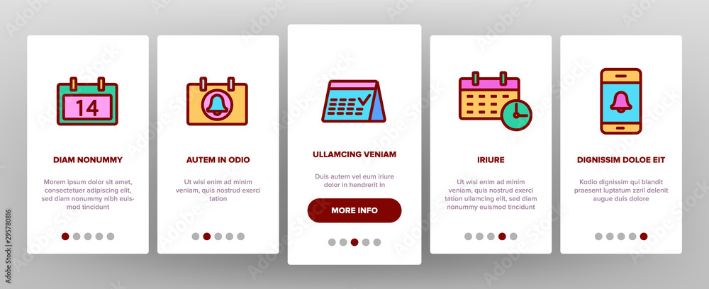 Poster reminder onboarding mobile app page screen vector icons set thin line. reminder, goal and date on ca
