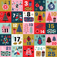 advent calendar with christmas decorations and christmas trees - vector illustration, eps    