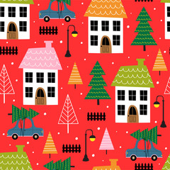 seamless pattern with small town in winter time   - vector illustration, eps    