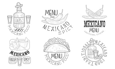 Mexicano Food Hand Drawn Retro Labels Set, Traditional Spicy Menu Monochrome Badges Vector Illustration