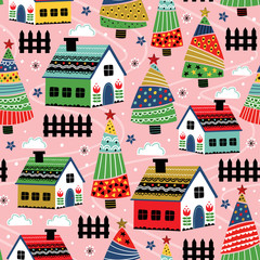 Naklejka premium seamless pattern with decorative house and christmas trees - vector illustration, eps 