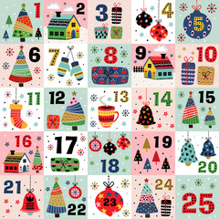 advent calendar with christmas decorations christmas trees and houses   - vector illustration, eps    