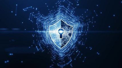 Cyber security concept. Shield With Keyhole icon on digital data background. Illustrates cyber data security or information privacy idea. Blue abstract hi speed internet technology. - Powered by Adobe