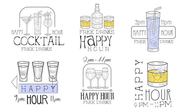 Happy Hour Free Drinks Hand Drawn Retro Labels Set, Cocktails Monochrome Badges Vector Illustration