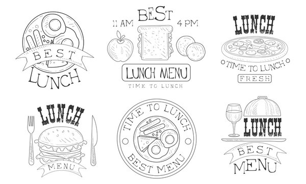 Time to Lunch Hand Drawn Retro Labels Set, Organic Fresh Natural Food Menu Monochrome Badges Vector Illustration