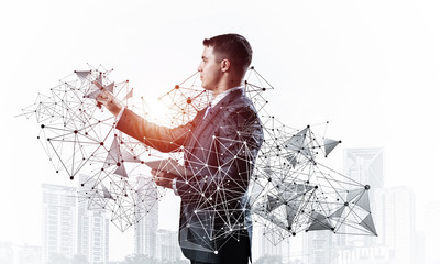 Obraz premium Business person pointing on abstract network