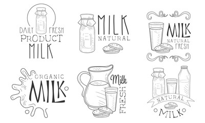 Natural Milk Hand Drawn Retro Labels Set, Daily Fresh Product Monochrome Badges Vector Illustration