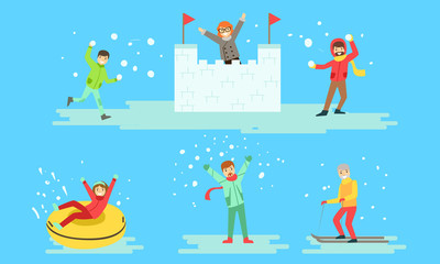 Winter Activities Set, People Playing Snowballs, Riding Snow Tube, Making Snow Castle, Skiing Vector Illustration