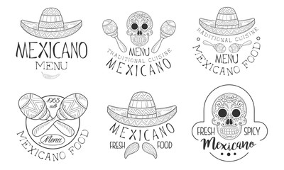 Mexicano Menu Traditional Cuisine Hand Drawn Retro Labels Set, Fresh and Spicy Food Monochrome Badges Vector Illustration