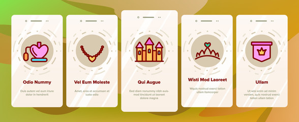 Princess Onboarding Mobile App Page Screen Vector Icons Set Thin Line. Magic Castle And Princess Crown, Coach And Perfume Bottle, Ring And Mirror Linear Pictograms. Contour Illustrations