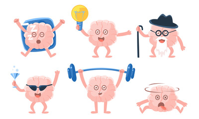 Human Brain Characters in Different Situations, Funny Cartoon Emoticons Vector Illustration