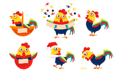 Collection of Roosters with Bright Plumage in Different Situations, Funny Poultry Character Vector Illustration