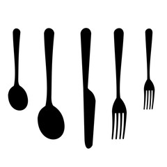 Set of icons black fork, spoon and knife icons  isolated on white background. Vector Illustration for cutlery symbols. 