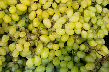 Juicy green grapes background at farmer's market shelves close-up
