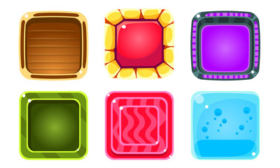 Colorful Glossy Squares Set, Shiny Buttons, Game User Interface Assets Vector Illustration