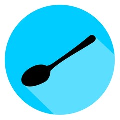 Black spoon circle icon with long shadow on blue background. Vector Illustration for cutlery symbol.  
