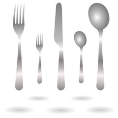 Set of realistic grey fork, spoon and knife icons with shadow isolated on white background. Vector Illustration for cutlery symbols.  