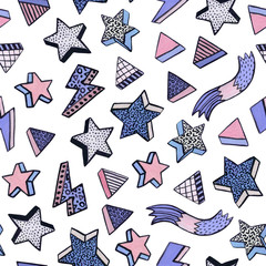 Simple watercolor seamless pattern in minimal memphis style with stars, triangles, stripes.