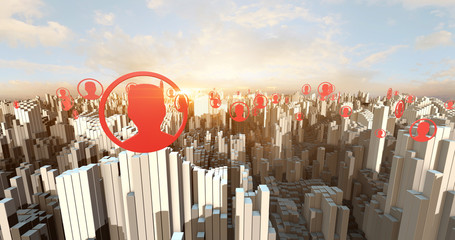 People Symbols Flying All Over The Crowded City Aerial. Technology And Social Media Related 4K 3D Illustration Render