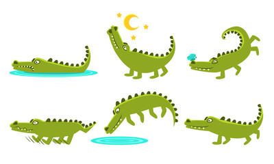 Cute Crocodile Cartoon Character In Different Poses Set, Funny Amphibian Animal with Different Emotions Vector Illustration