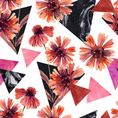Autumn watercolor flowers and marbled triangles seamless pattern