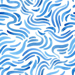 Aqua blue abstract brush strokes seamless pattern. Watercolor fluid shapes background