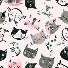 Cartoon aquarel katten naadloze patroon in pastelkleuren. Schattige kitten gezichten achtergrond voor kinderen ontwerp.