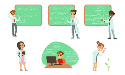 Kid Scientists Set, Boys and Girls in Lab Coats Doing Science Research and Writing Formulas on Chalkboard Vector Illustration