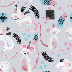 Happy mice celebrating a holiday or birthday drawn in trendy minimal memphis style