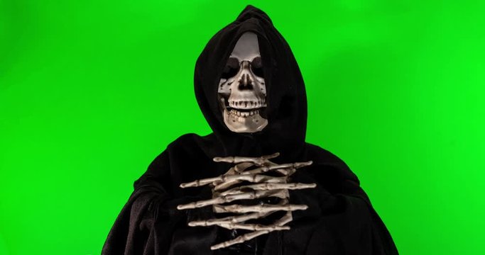 Reframed version of Talking skeleton with black scarf stop motion footage on a green background with alpha channel.
