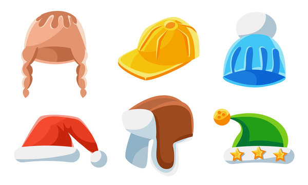 Headwear Collection, Different Kind of Hats, Knitted and Fur Hat, Baseball, Santa Claus and Elf Cap Vector Illustration