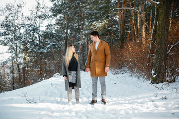 happy young couple walking through the park on a snowy day