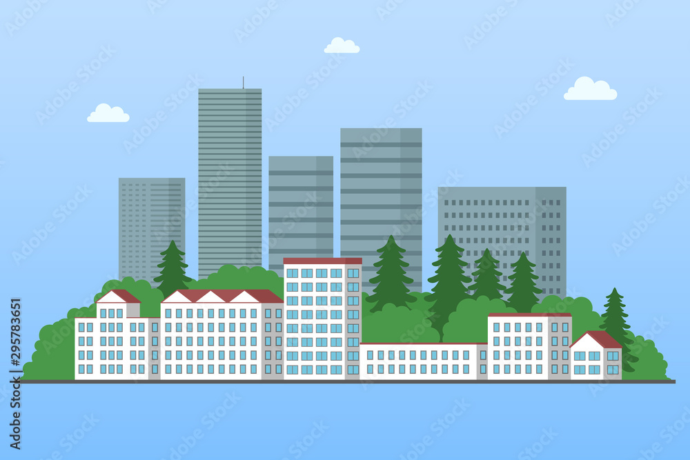 Wall mural Skyscrapers, park and residential buildings. Cartoon style. Vector illustration.