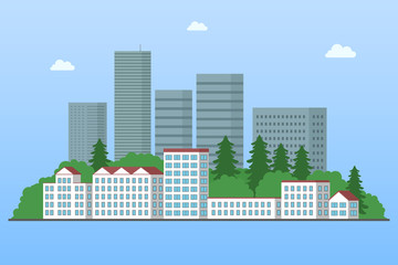 Skyscrapers, park and residential buildings. Cartoon style. Vector illustration.