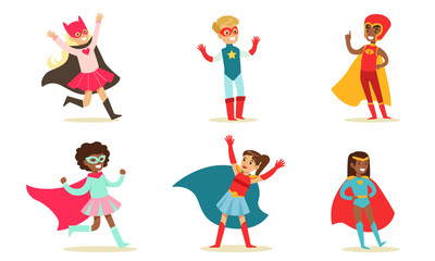 Naklejka premium Cute Boys and Girls in Superhero Costumes Set, Kids in Capes and Masks Having Fun at Party Vector Illustration