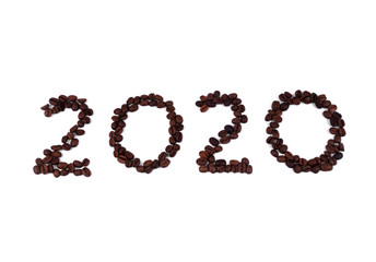 Dark aromatic coffee beans laying on a white background in form of a number 2020