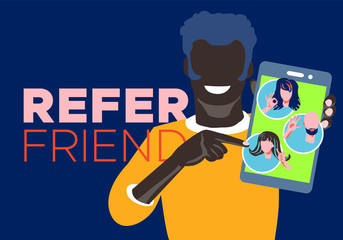 Refer a friend referral program concept. Black man manager holding smartphone and shows to his friends people as icon, avatar. Character invites acquaintances to marketing promo, sharing refer code
